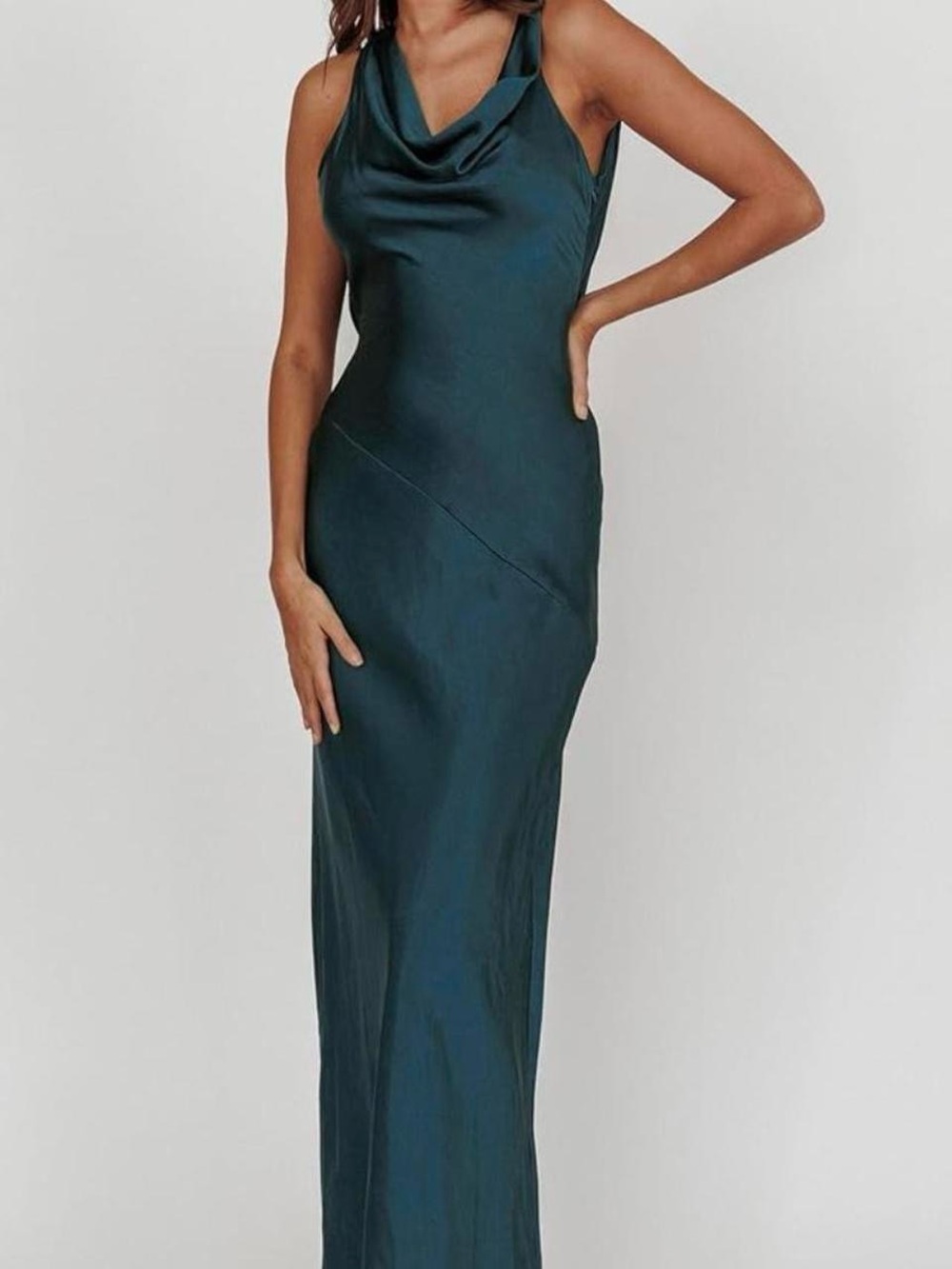 Green Satin Cowl Neck Maxi Dress